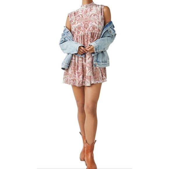 Free People Womens All the Time Velvet Babydoll Mini Dress Petal Combo Small NWT - Picture 1 of 13